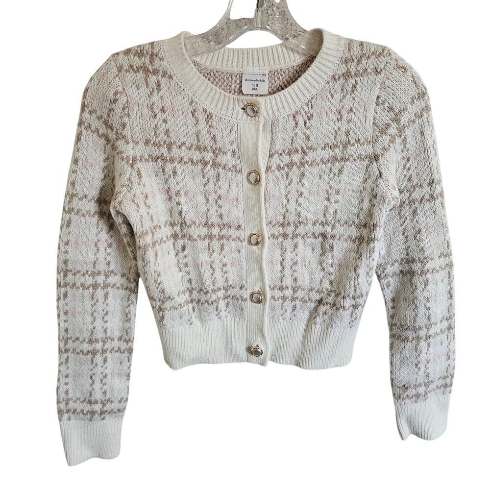 Abercrombie Kids Plaid Cardigan Sweater, Button Front, Tan Cream Sz Girl's 11/12